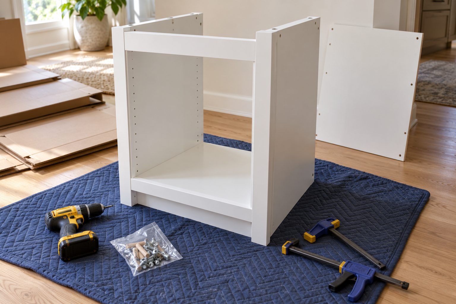 An RTA base cabinet box being assembled on a blanket
