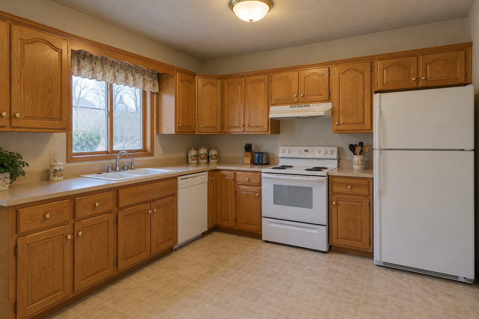 An older L-shaped kitchen with dated cabinets