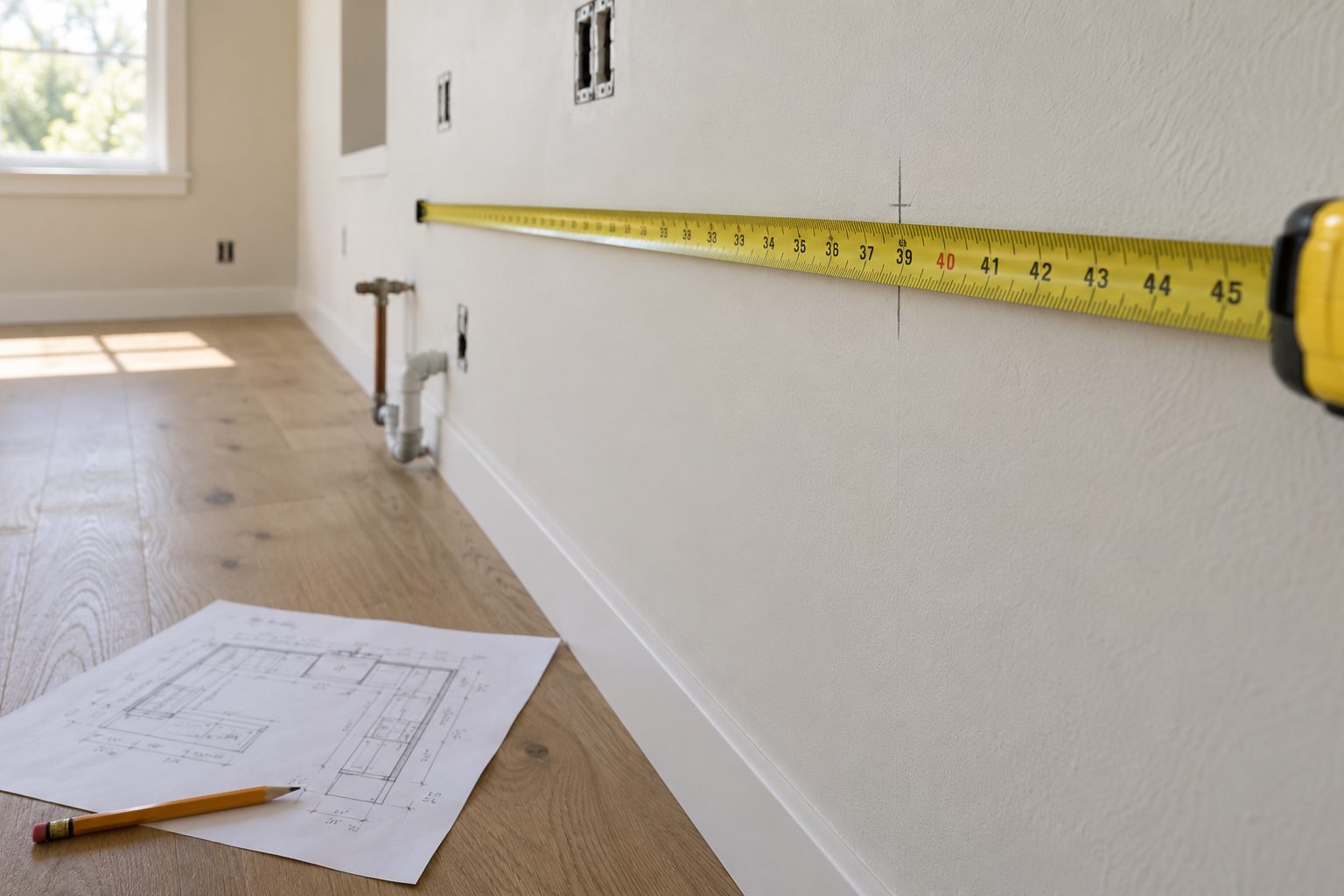A tape measure along a kitchen wall at counter height